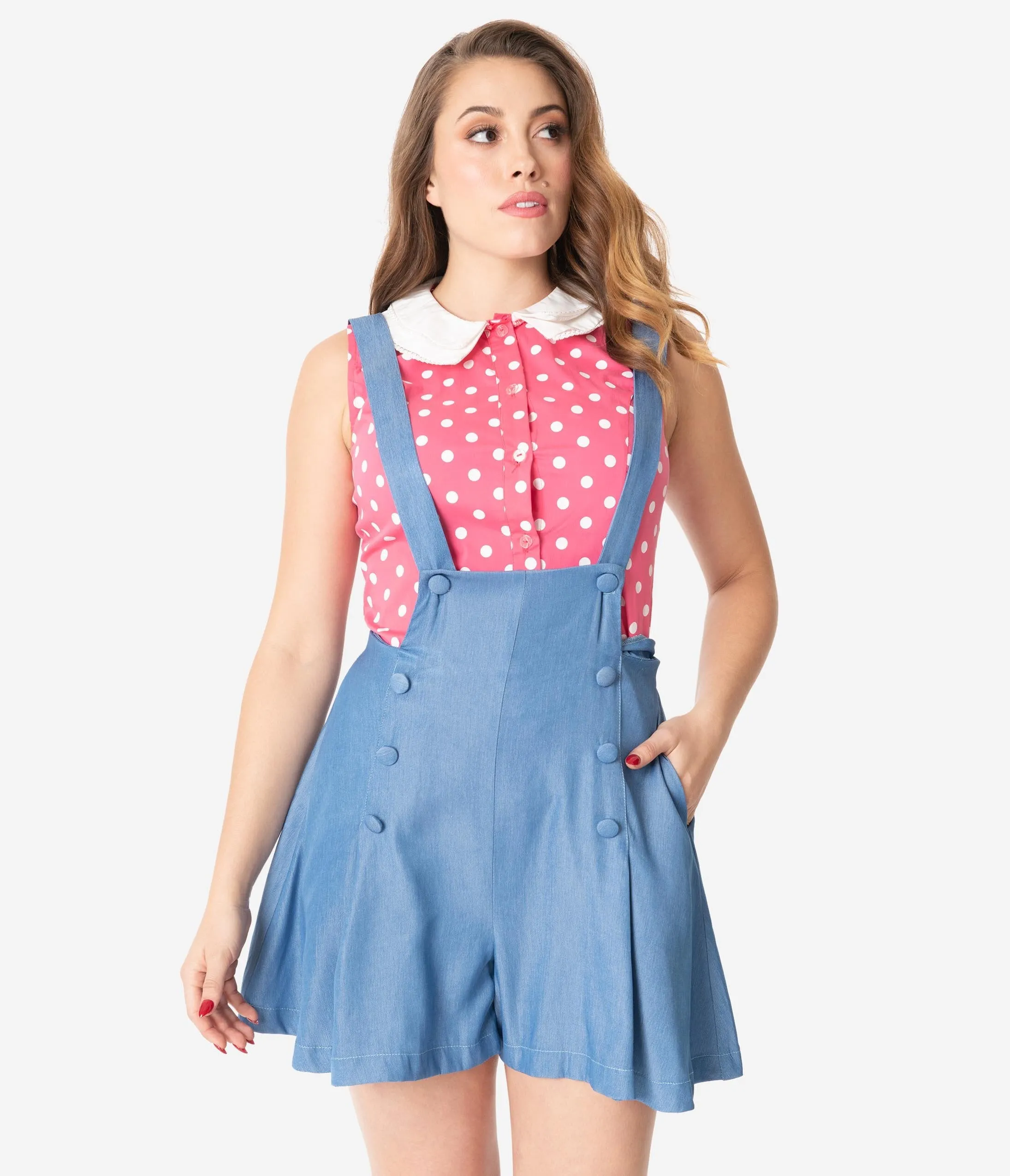 Unique Vintage 1970s Style Chambray Blue Geena Pinafore Shorts