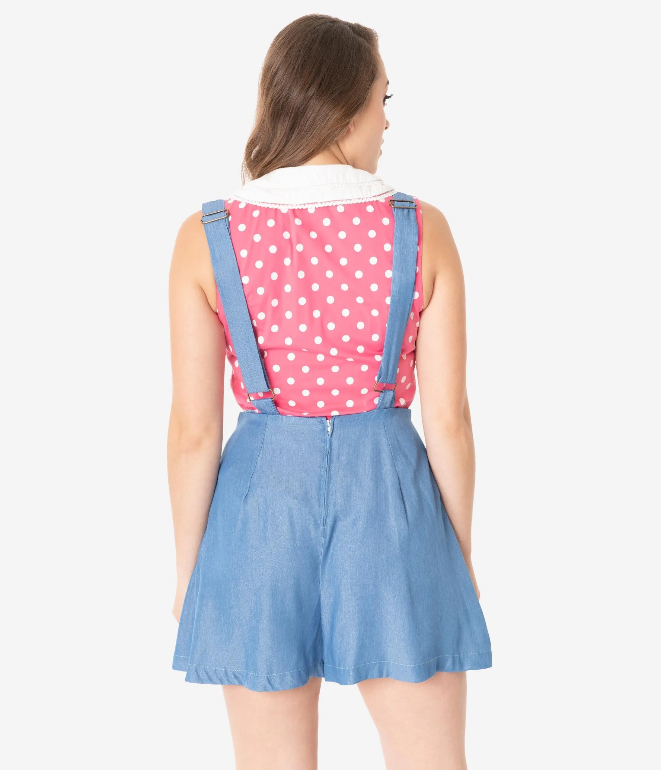 Unique Vintage 1970s Style Chambray Blue Geena Pinafore Shorts