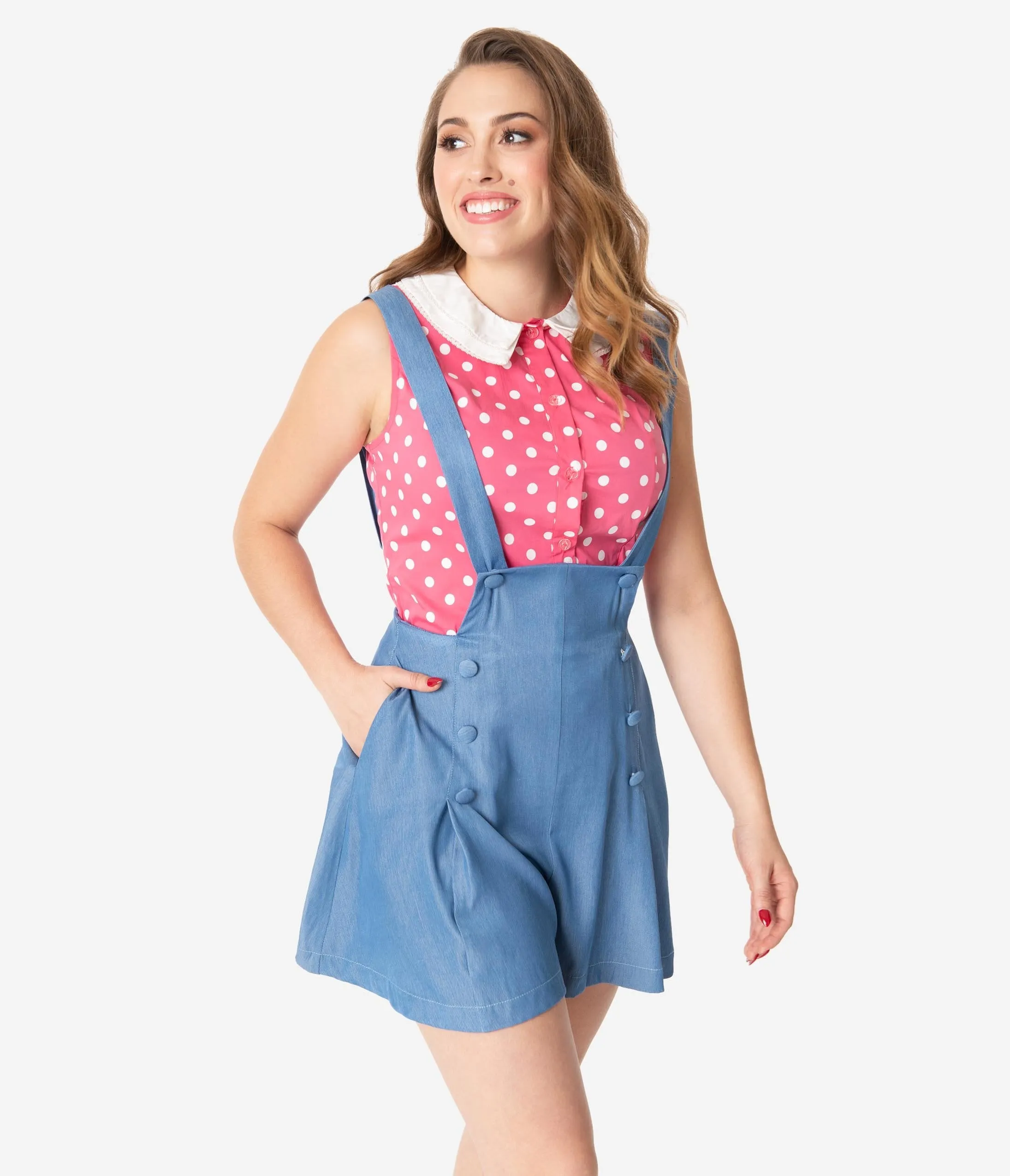 Unique Vintage 1970s Style Chambray Blue Geena Pinafore Shorts