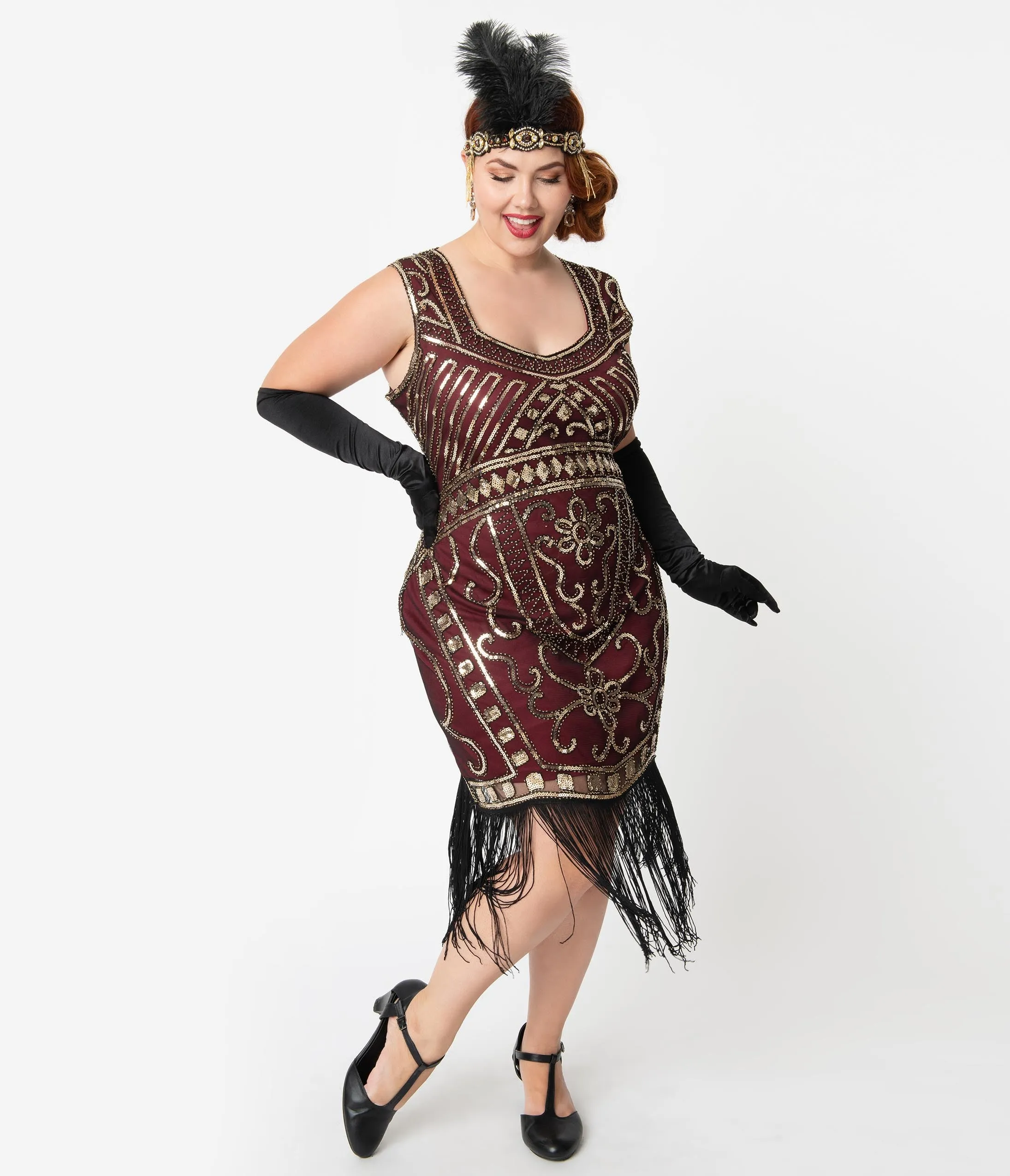 Unique Vintage Plus Size 1920s Burgundy & Gold Sequin Pernelle Flapper Dress