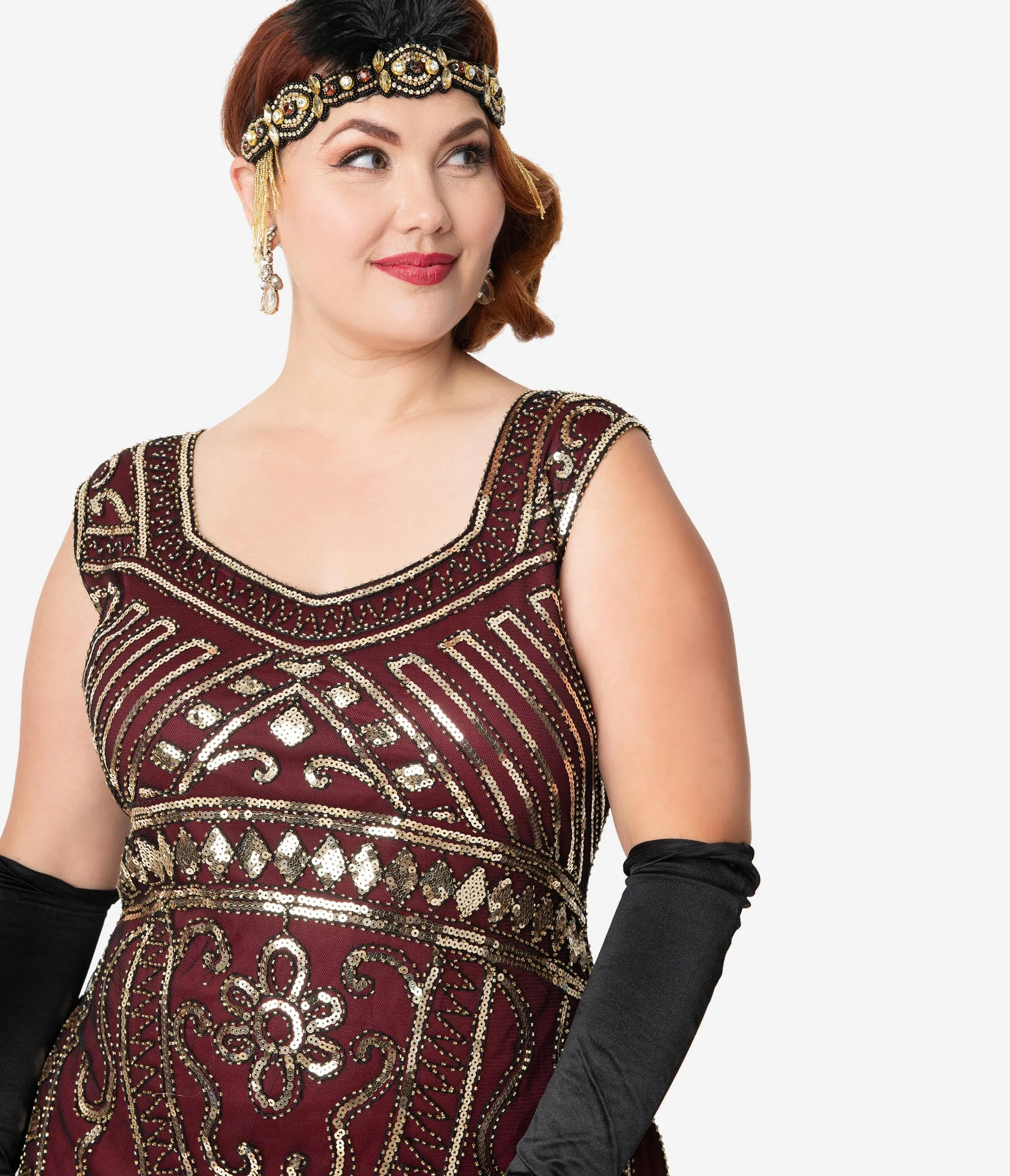 Unique Vintage Plus Size 1920s Burgundy & Gold Sequin Pernelle Flapper Dress