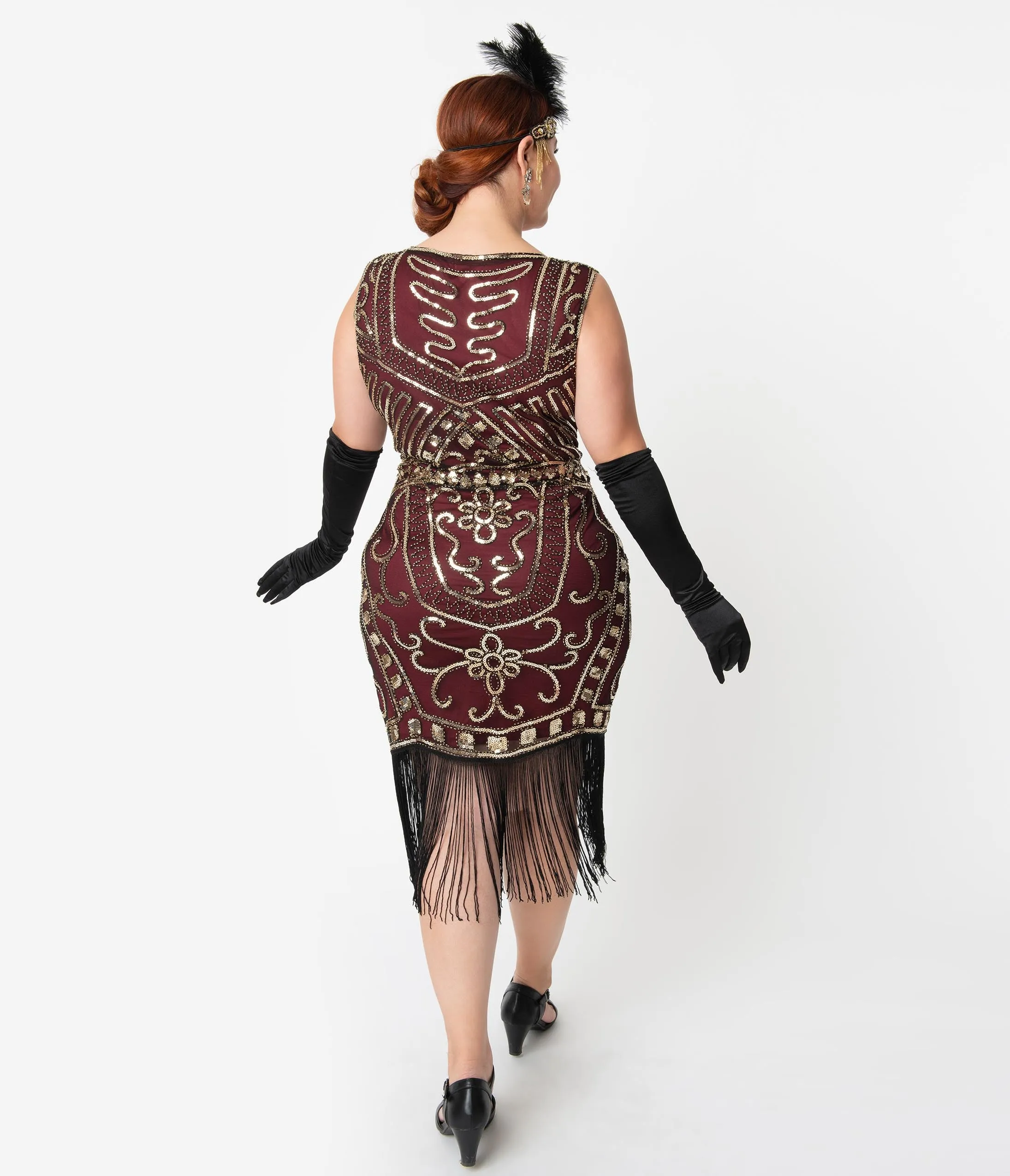 Unique Vintage Plus Size 1920s Burgundy & Gold Sequin Pernelle Flapper Dress