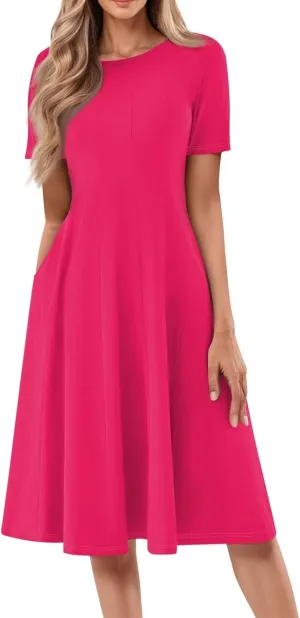 Women Summer Dresses Midi Short Sleeve Round Neck A Line Elegant Pleated Casual Dress with Side Pocket