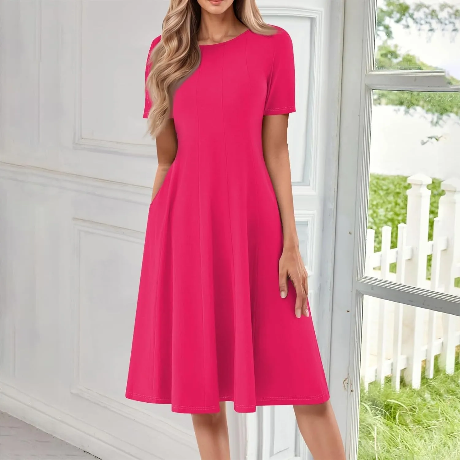 Women Summer Dresses Midi Short Sleeve Round Neck A Line Elegant Pleated Casual Dress with Side Pocket