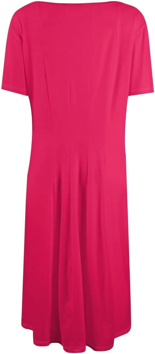 Women Summer Dresses Midi Short Sleeve Round Neck A Line Elegant Pleated Casual Dress with Side Pocket