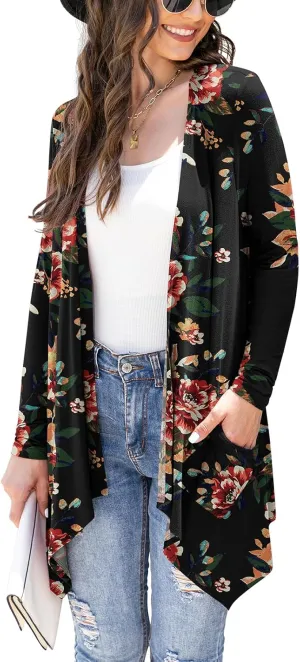 Women's Lightweight Cardigan Casual Soft Long Sleeve Floral Knit Cardigans with Pockets High Low Hem Draped Duster
