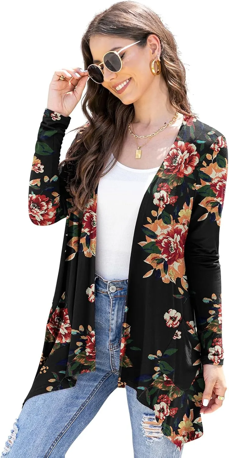 Women's Lightweight Cardigan Casual Soft Long Sleeve Floral Knit Cardigans with Pockets High Low Hem Draped Duster