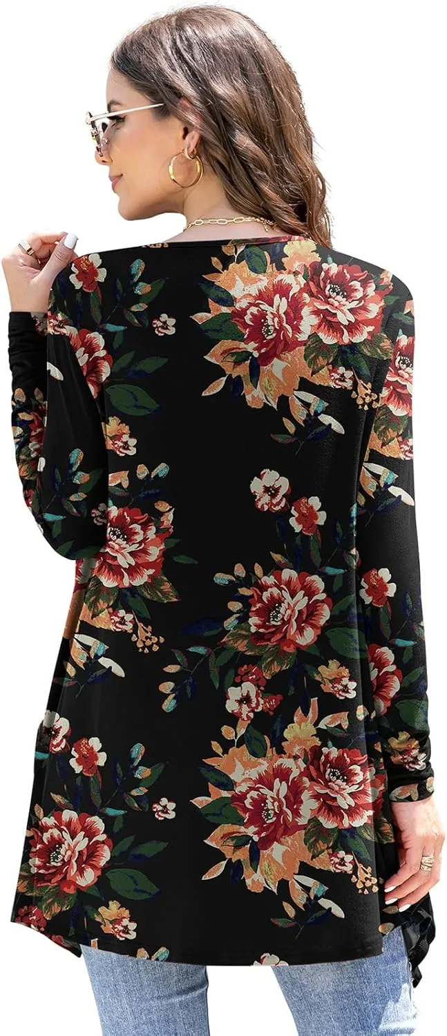 Women's Lightweight Cardigan Casual Soft Long Sleeve Floral Knit Cardigans with Pockets High Low Hem Draped Duster