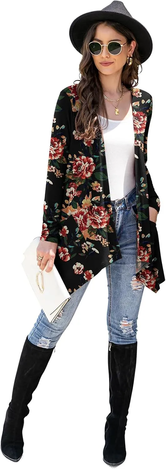 Women's Lightweight Cardigan Casual Soft Long Sleeve Floral Knit Cardigans with Pockets High Low Hem Draped Duster