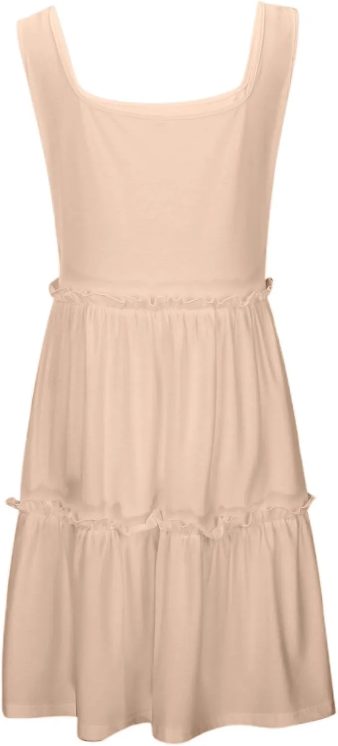 Womens Summer Casual Square Neck A Line Mini Dress Flowy Tiered Sleeveless Sundresses Beach Beach Dresses for