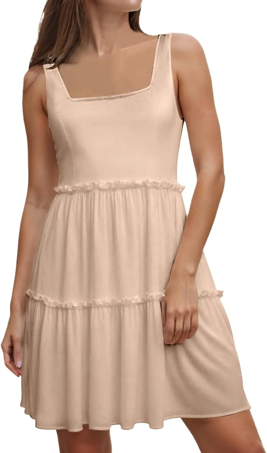 Womens Summer Casual Square Neck A Line Mini Dress Flowy Tiered Sleeveless Sundresses Beach Beach Dresses for
