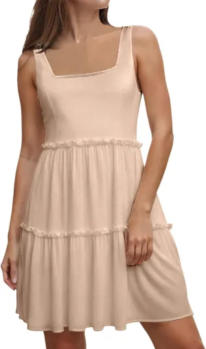 Womens Summer Casual Square Neck A Line Mini Dress Flowy Tiered Sleeveless Sundresses Beach Beach Dresses for