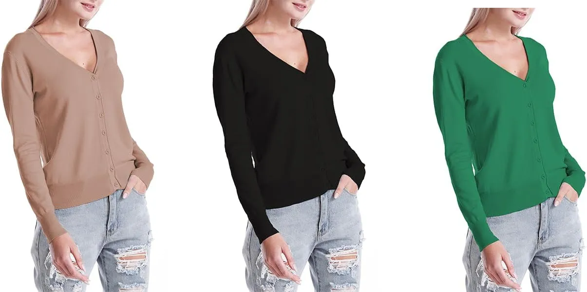 Womens V-Neck Button Down Long Sleeve Crew Neck Soft Classic Basic Knit Cardigan Sweater